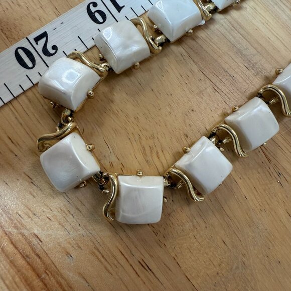 Vintage Coro Gold-Tone Link Necklace With White Thermoset Square Tiles Mid-Centu - Picture 8 of 16